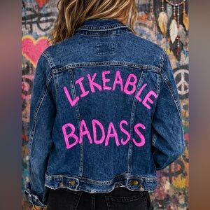 Upcycled Likeable Badass painted denim jacket, by Susie.